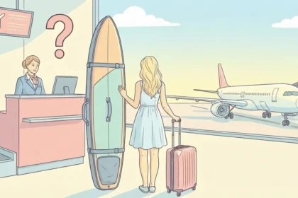 illustration prendre avion avec planche de surf