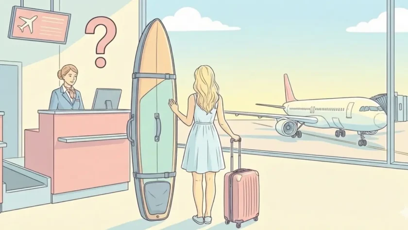 illustration prendre avion avec planche de surf